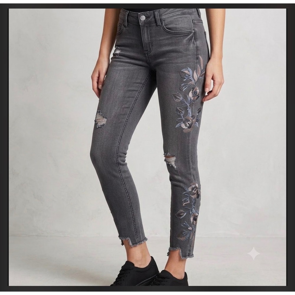 Stevie‎ Hender Womens Mid Rise Floral Embroidered Distressed Skinny Jeans Gray 1